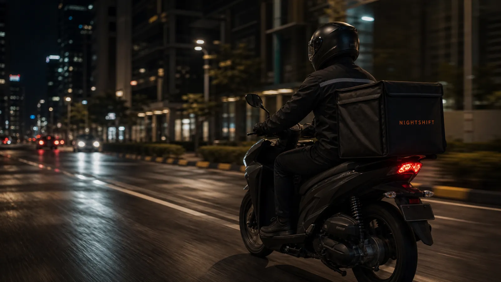 Nightshift courier delivering by motorcycle on a California city street at night